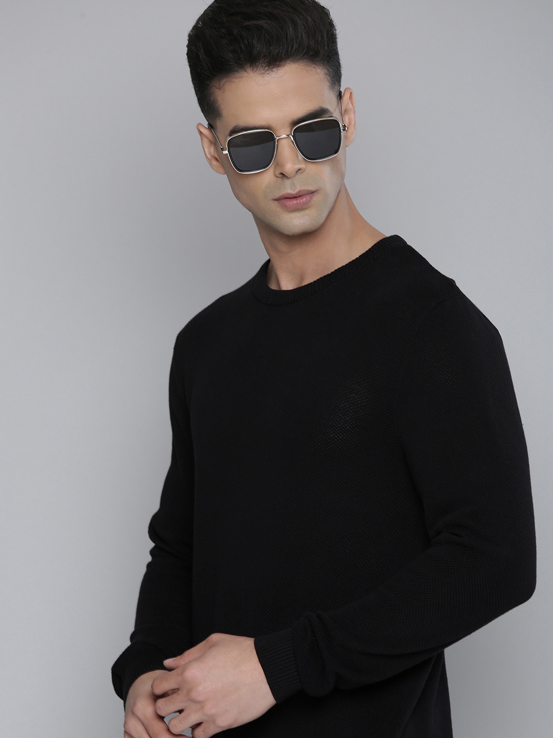 

Flying Machine Men Black Solid Pure Cotton Knitted Pullover