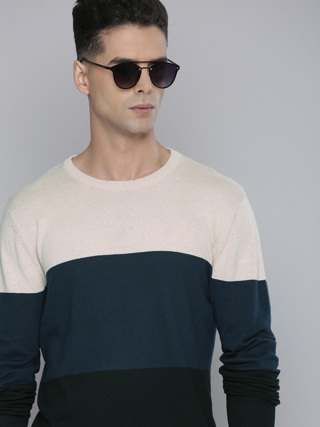 

Flying Machine Men Pink & Navy Blue Colourblocked Pure Cotton Pullover