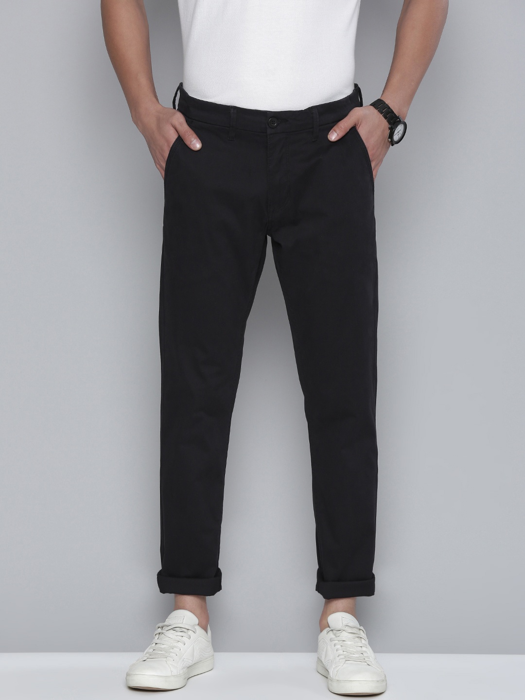 

Flying Machine Men Black Comfort Super Slim Fit Mid-Rise Plain Woven Flat-Front Chinos