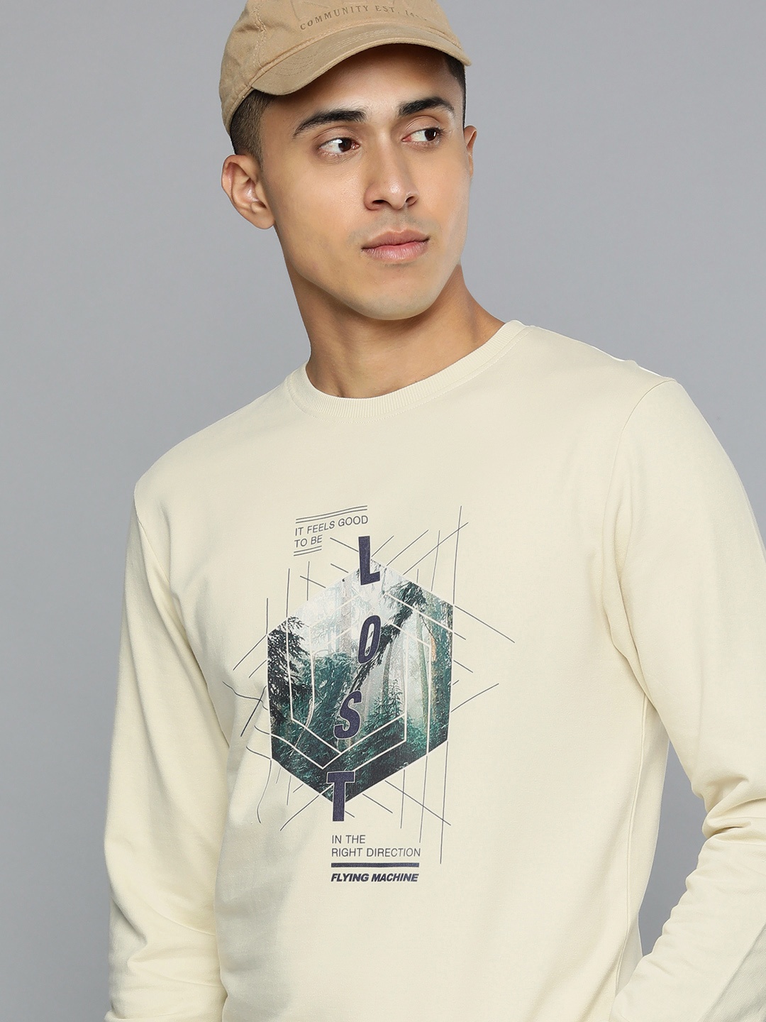

Flying Machine Men Off White Graphic Printed Pure Cotton Sweatshirt