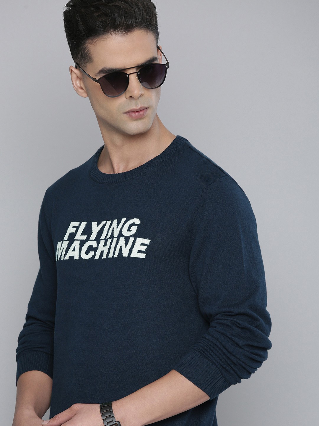 

Flying Machine Men Navy Blue Brand Logo Printed Pure Cotton Pullover