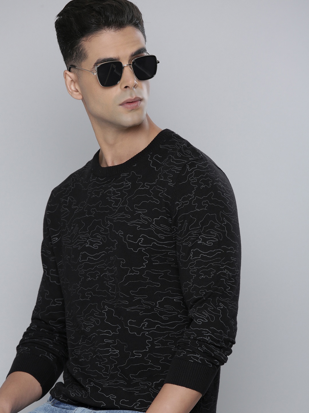 

Flying Machine Men Black Abstract Print Pure Cotton Knitted Pullover