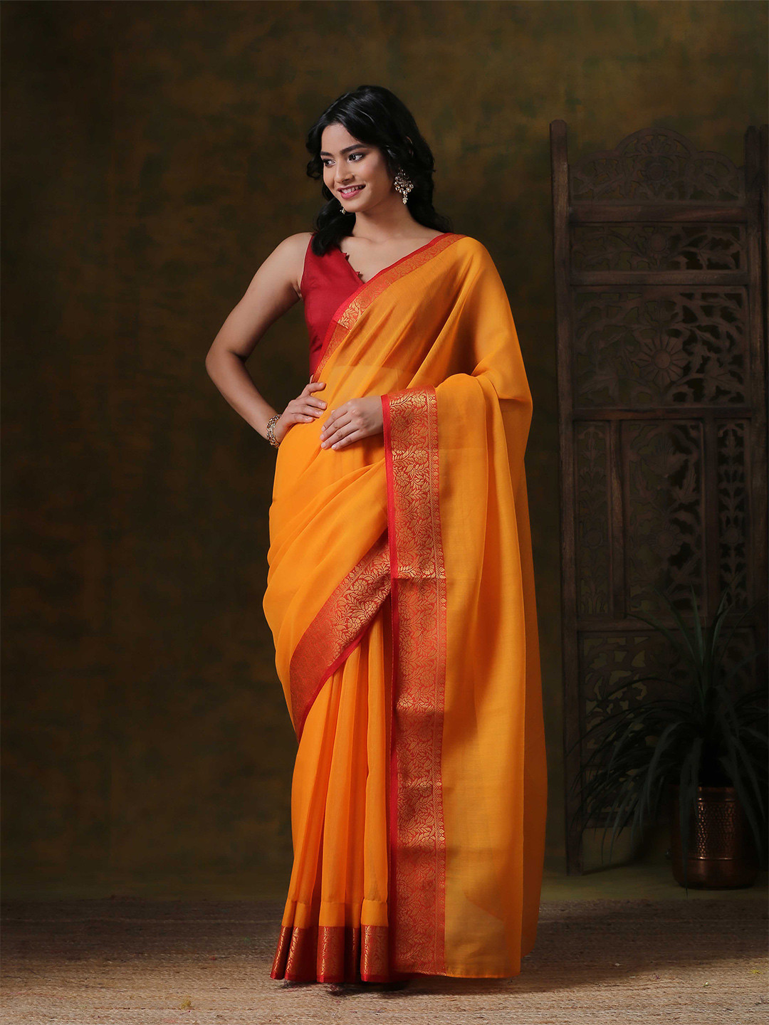

Triyah Orange & Red Zari Pure Cotton Saree