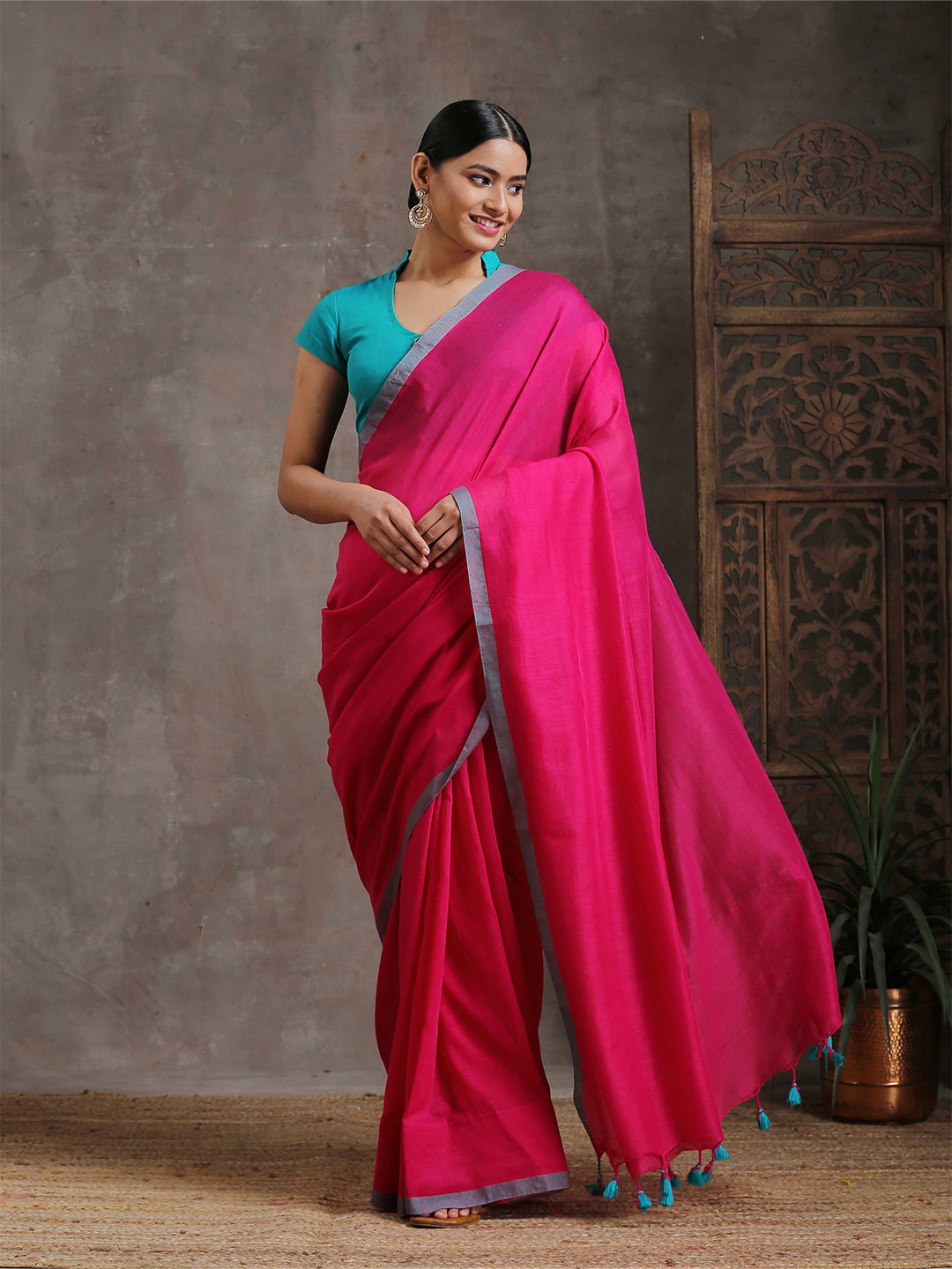 

Triyah Pink & Blue Pure Cotton Saree
