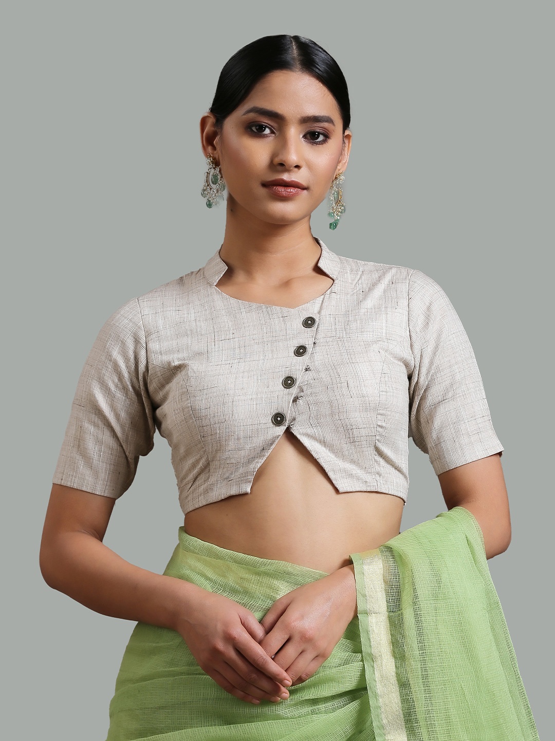 

Triyah Mandarin Collar Woven Design Cotton Saree Blouse, Off white