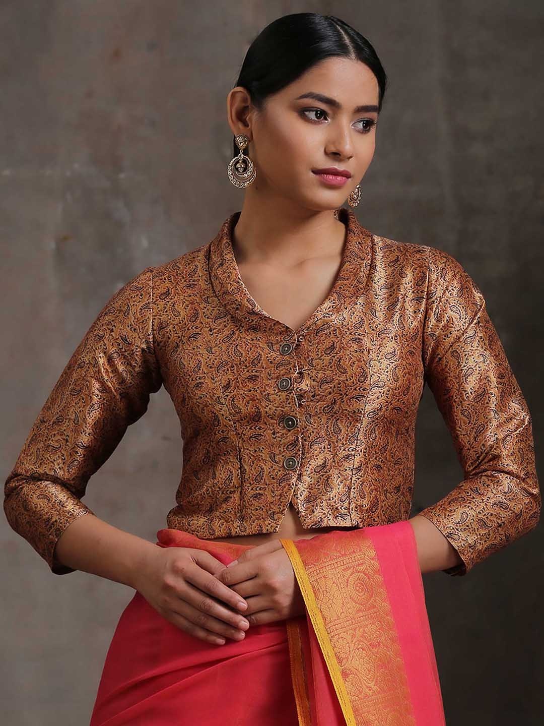 

Triyah Paisley Printed Shirt Collar Silk Readymade Saree Blouse, Copper