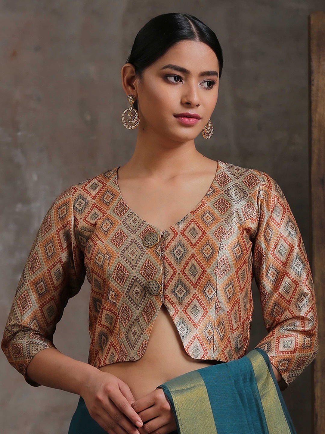 

Triyah Beige Woven Design V-neck Saree Blouse