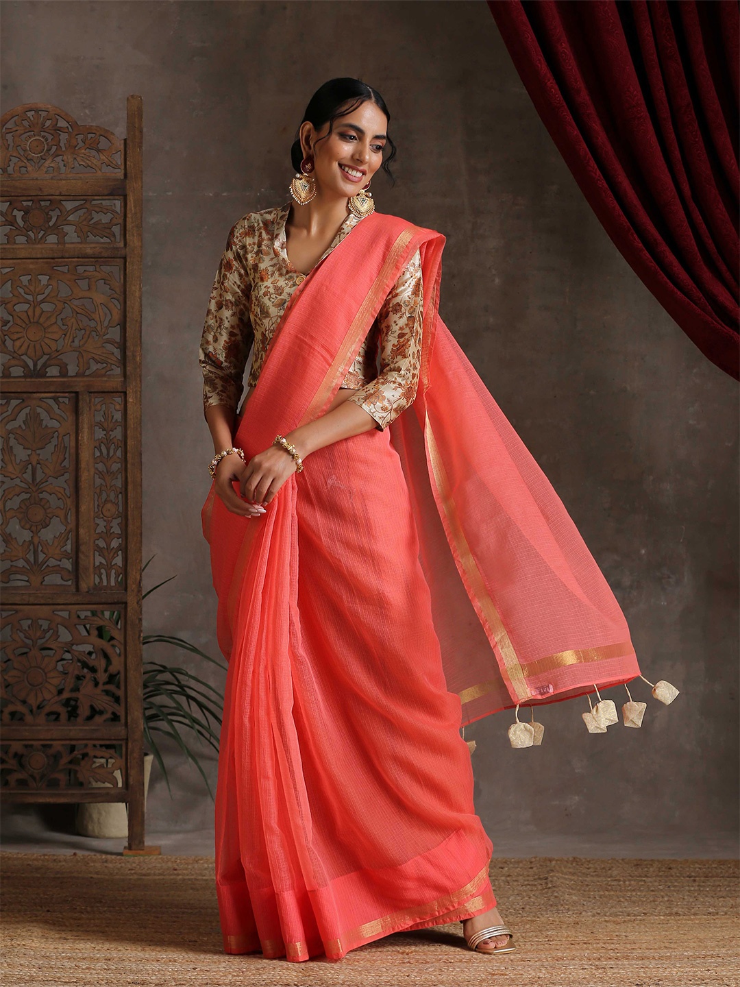 

Triyah Women Coral & Gold Solid Zari Pure Cotton Kota Saree