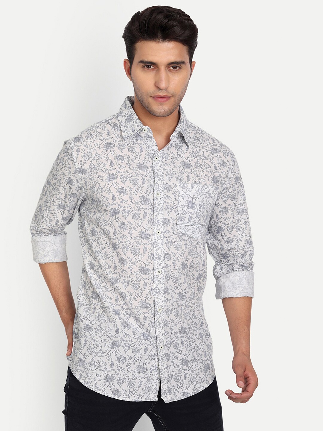 

DEZANO Men Comfort Regular Fit Floral Printed Cotton Casual Shirt, White