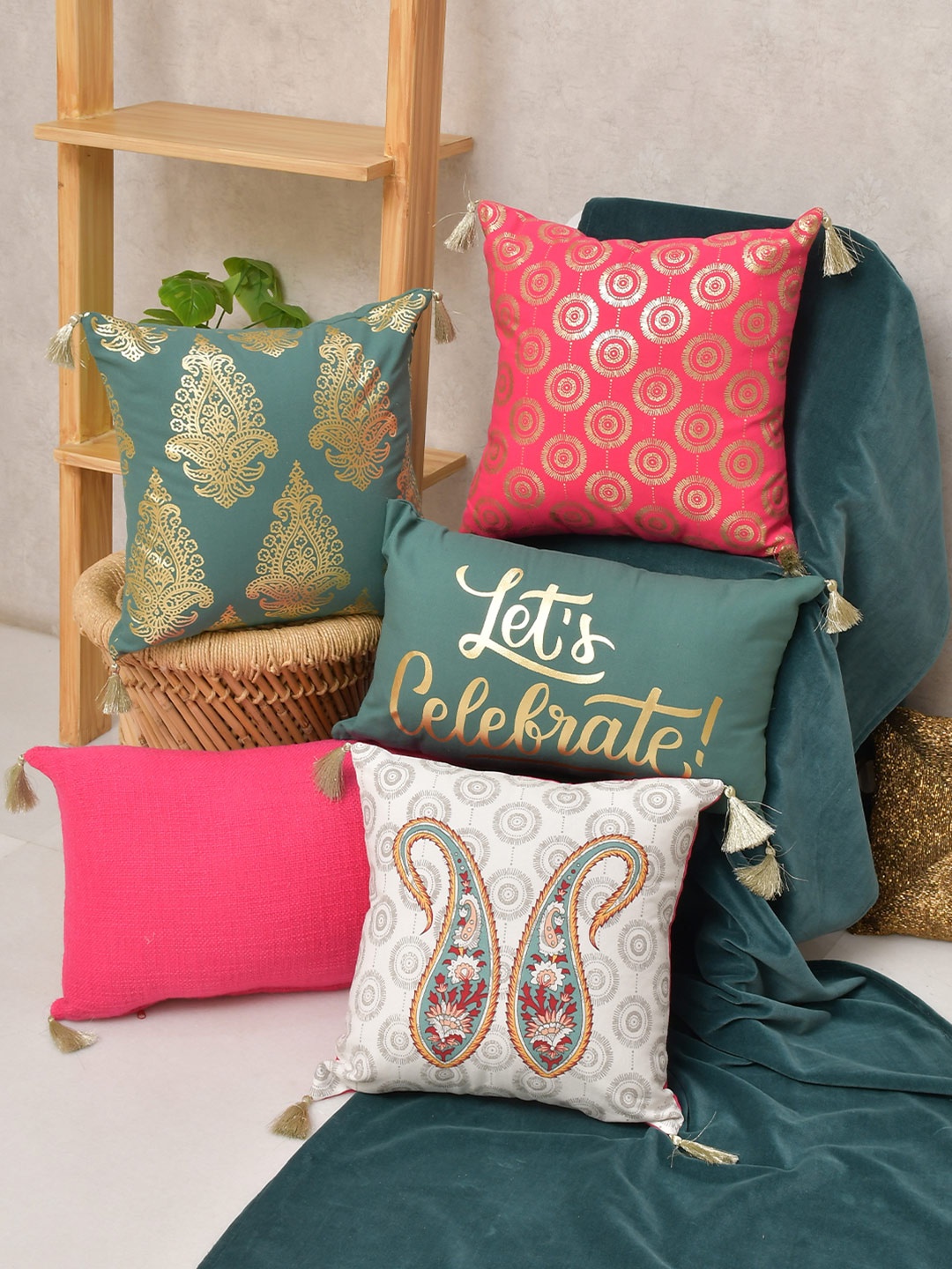 

BLANC9 Set of 5 Ethnic Motifs Square Cushion Covers, Pink