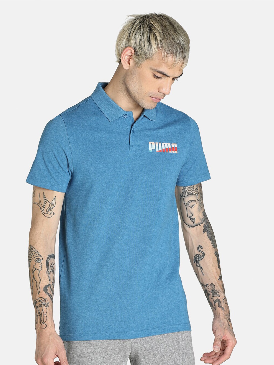 

Puma Men Solid Cotton Slim-Fit Wavy Graphic Polo Tshirts, Blue