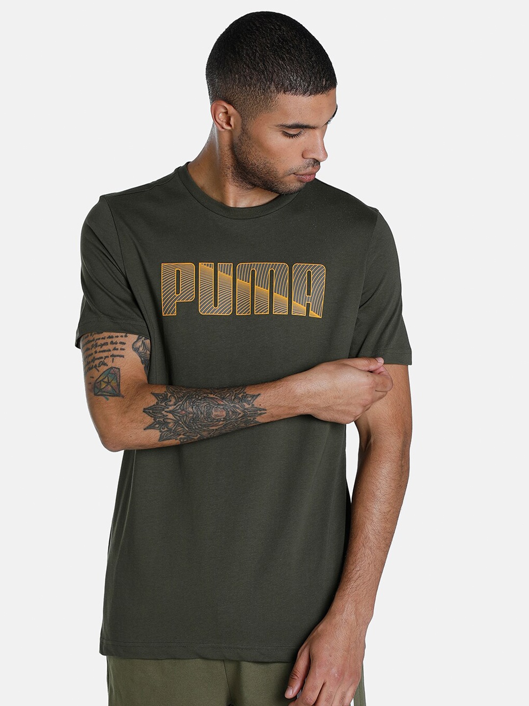 

Puma Men Brand Logo Printed Slim Fit T-shirt, Olive