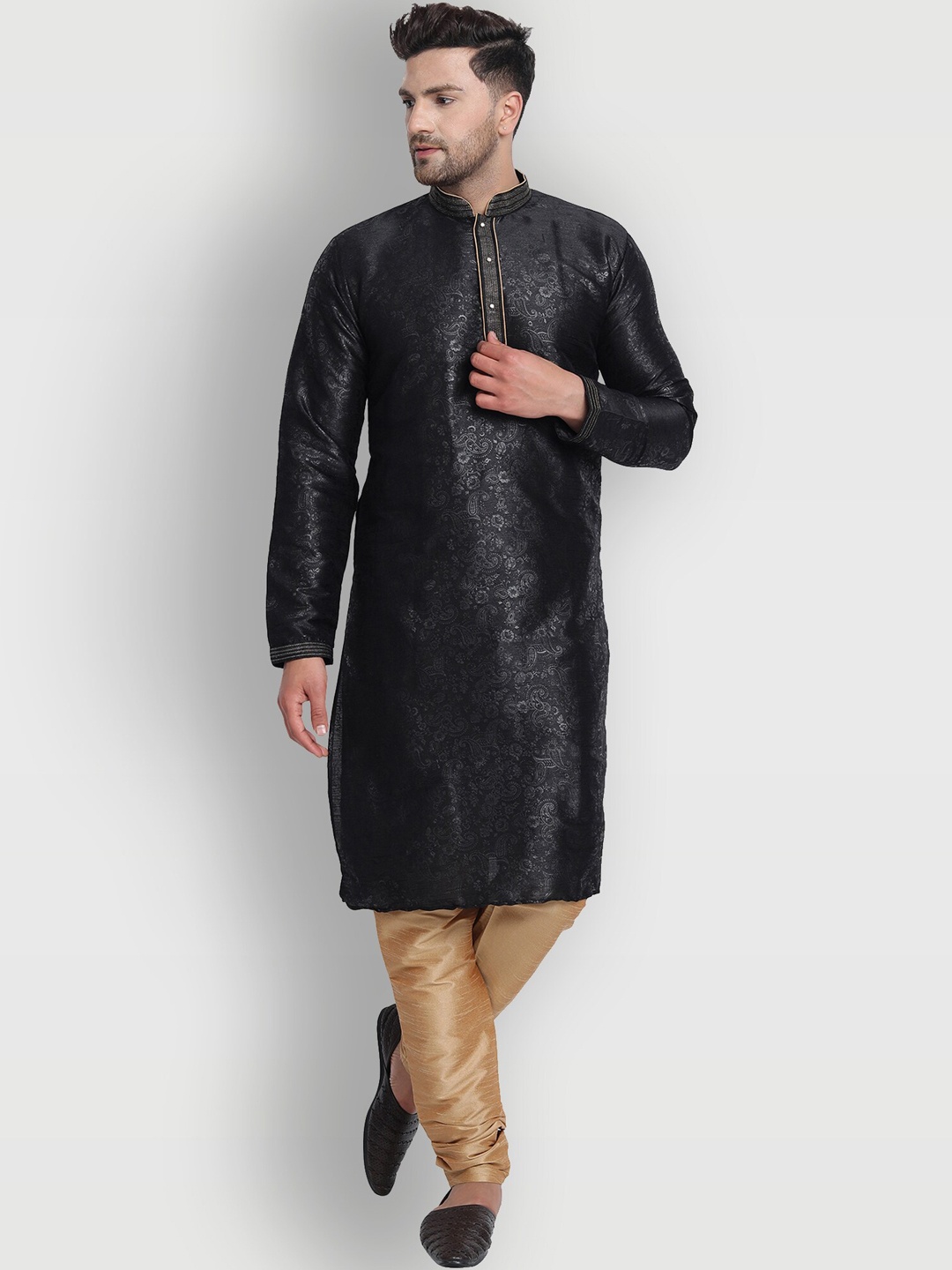 

Enciger Men Black Paisley Printed Dupion Silk Kurta with Churidar