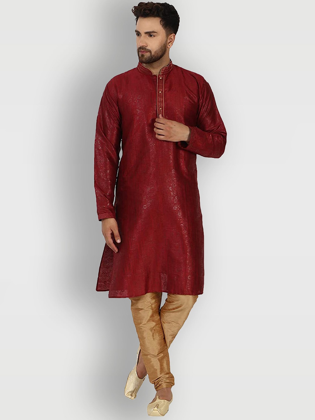 

Enciger Men Red Ethnic Motifs Dupion Silk Kurta with Churidar