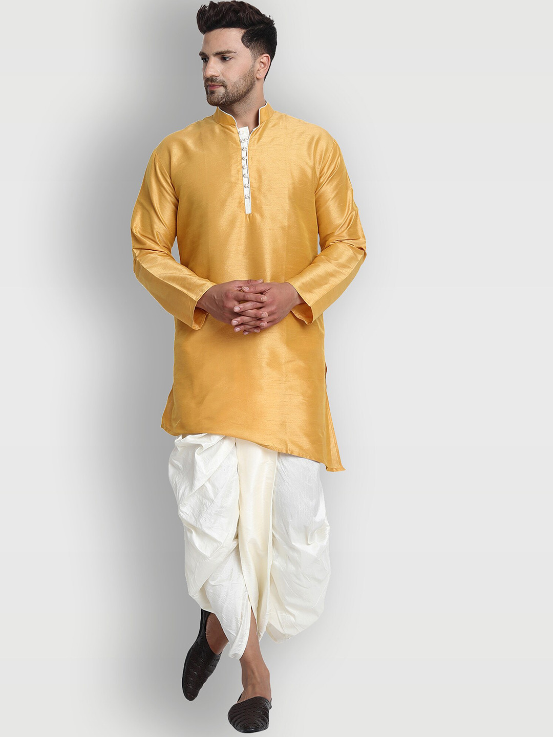 

Enciger Men Gold-Toned Dupion Silk Kurta with Dhoti Pant Set