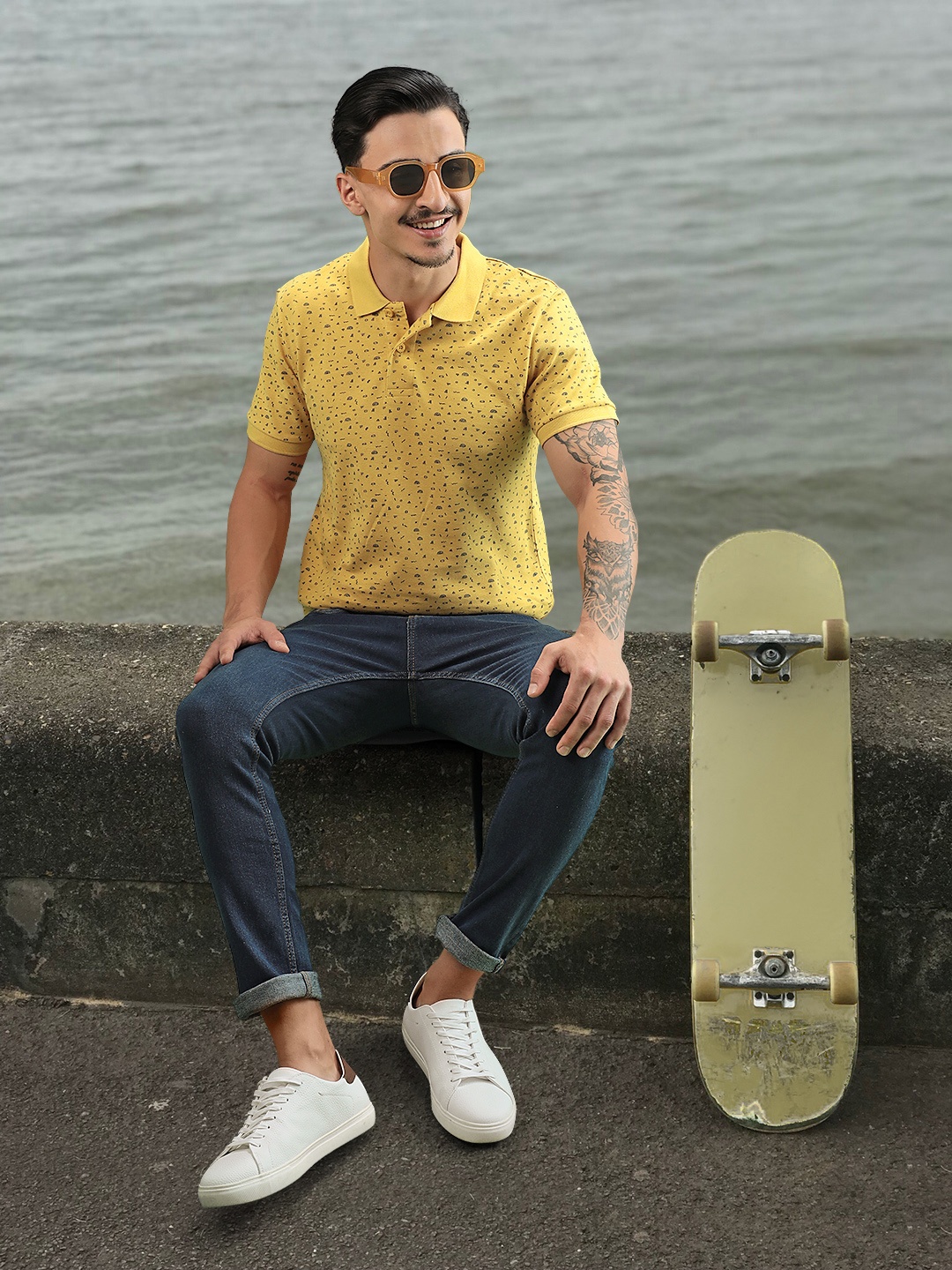 Flying Machine Men Yellow Printed Pure Cotton Polo Collar T-shirt