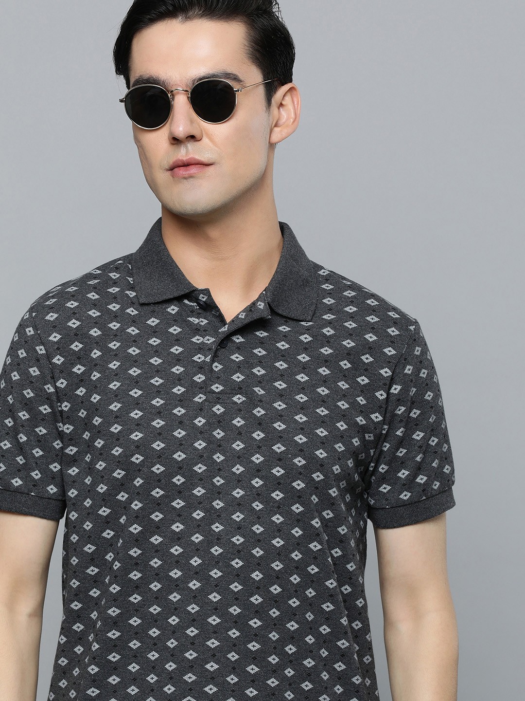 

Flying Machine Men Grey Melange Printed Polo Collar Pure Cotton T-shirt