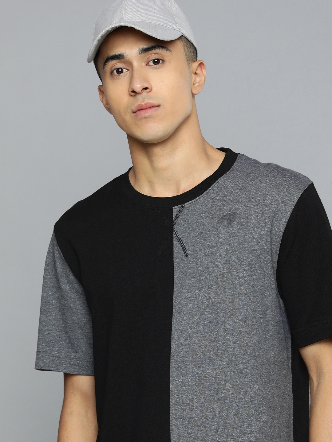 

Flying Machine Men Black & Grey Melange Colourblocked Cut & Sew Pure Cotton T-shirt