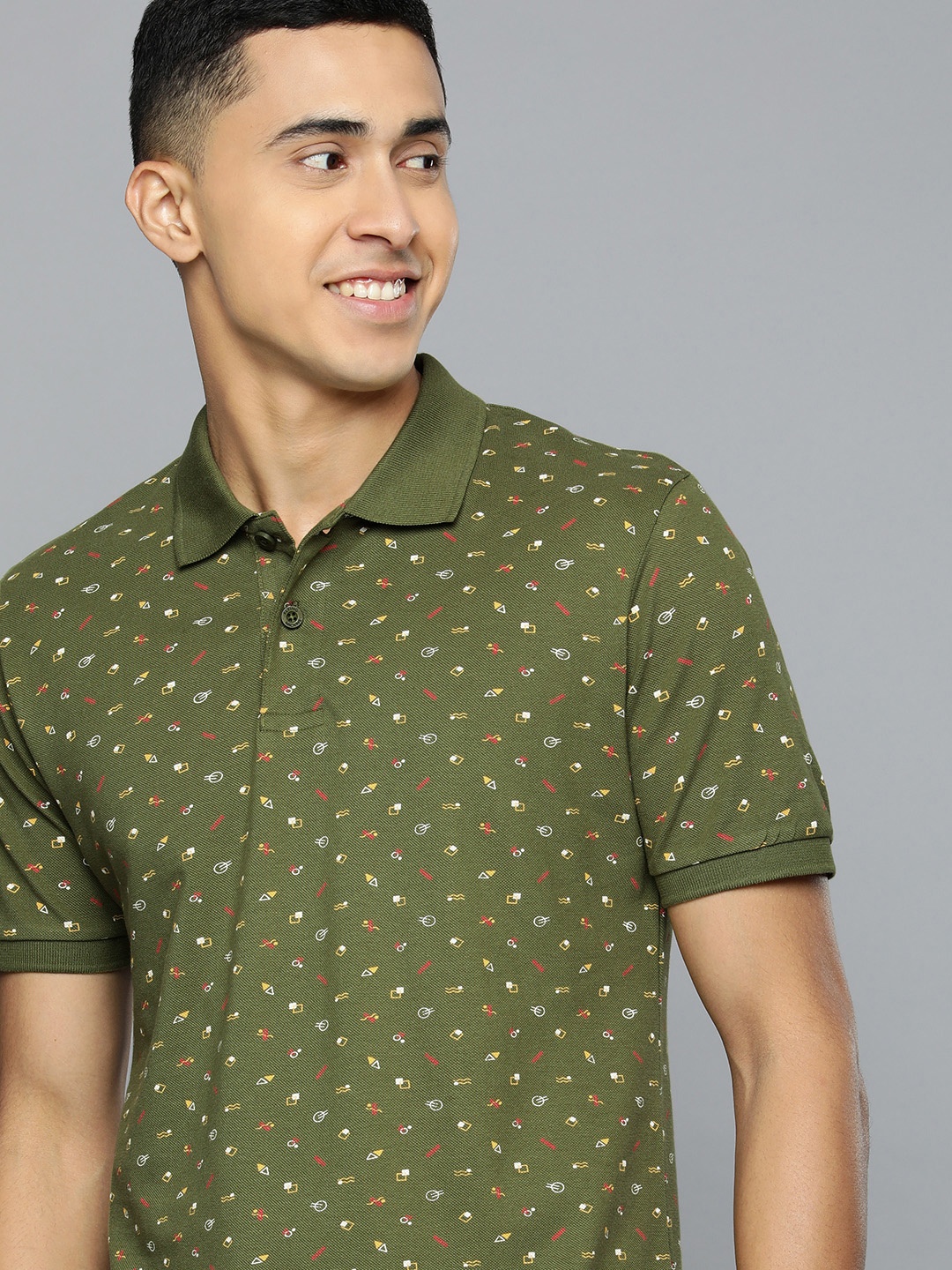 

Flying Machine Men Olive Green Conversational Print Polo Collar Pure Cotton T-shirt