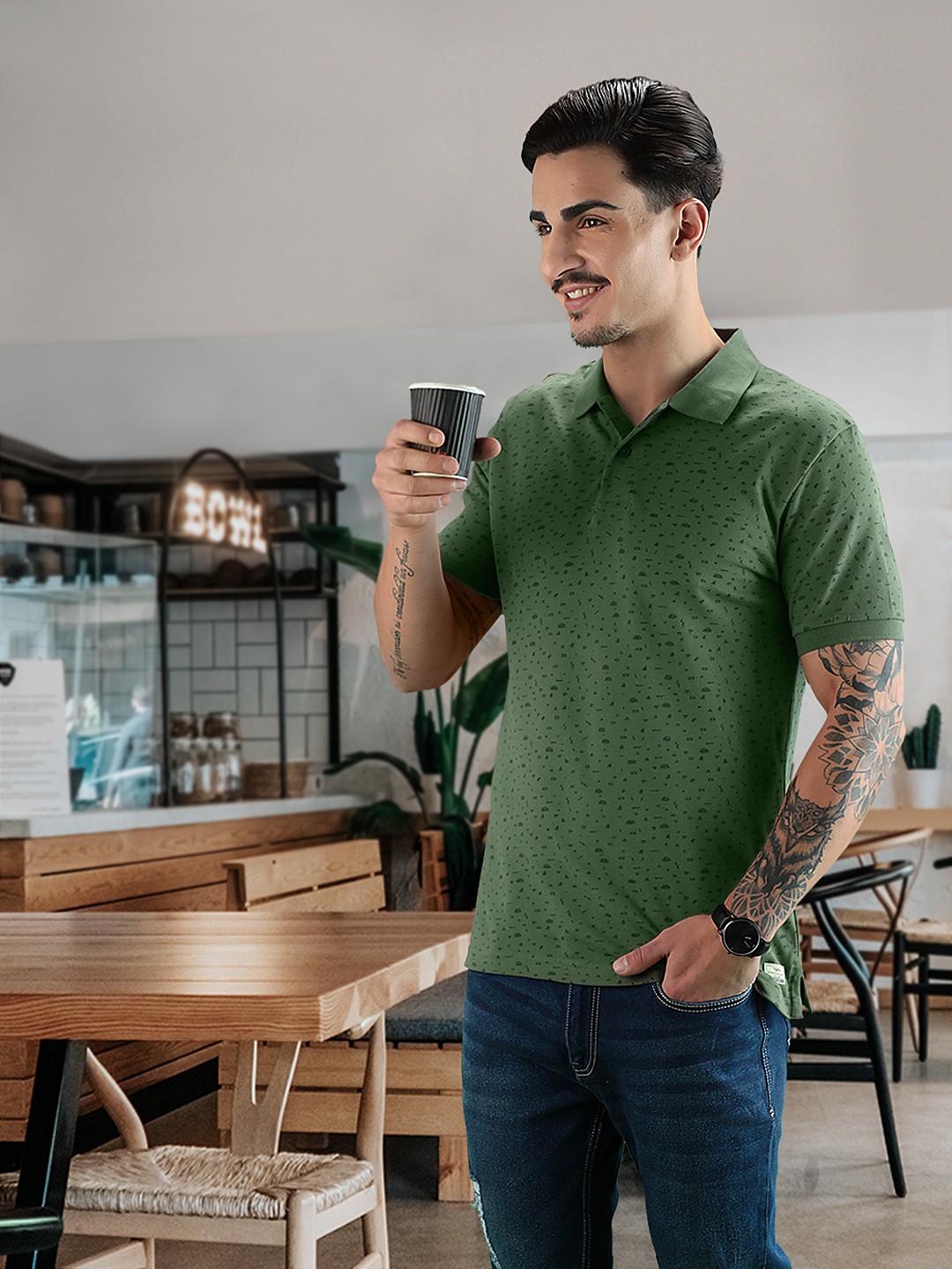 

Flying Machine Men Green Conversational Print Polo Collar Pure Cotton T-shirt