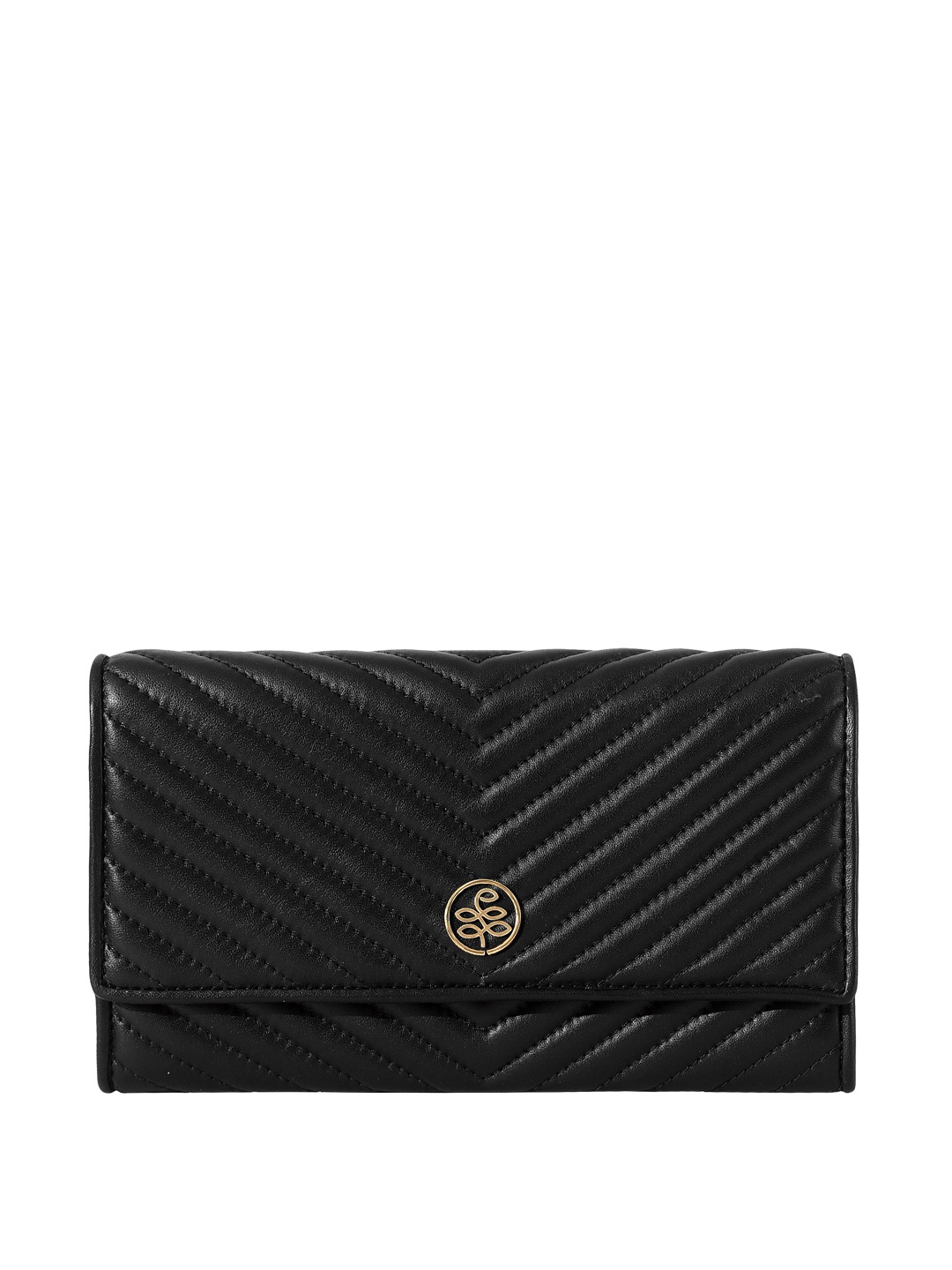 

Eske Women Striped Quilted Leather Two Fold Wallet, Black