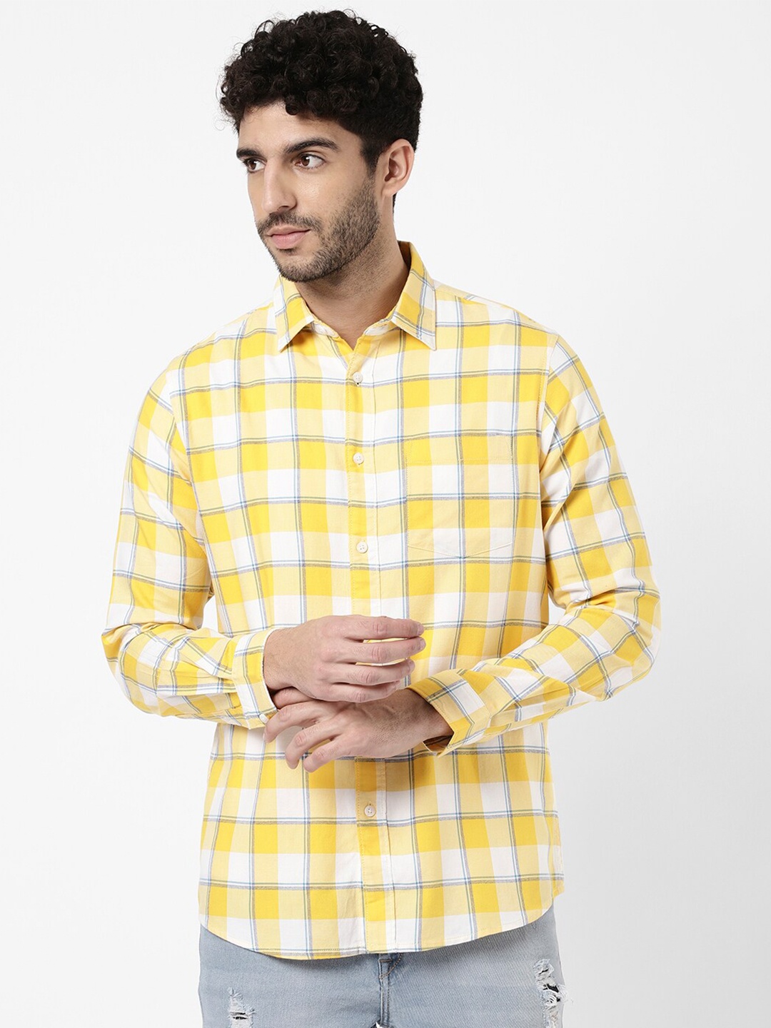 

R&B Men Tartan Checked Casual Shirt, Yellow