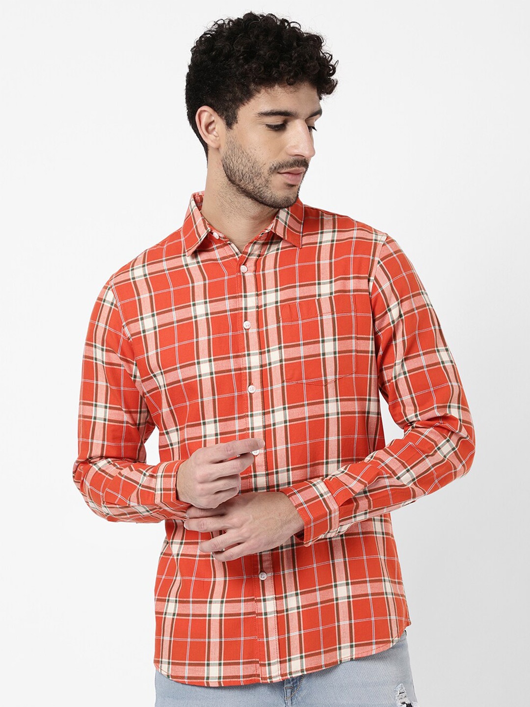 

R&B Men Orange Tartan Checks Checked Casual Shirt