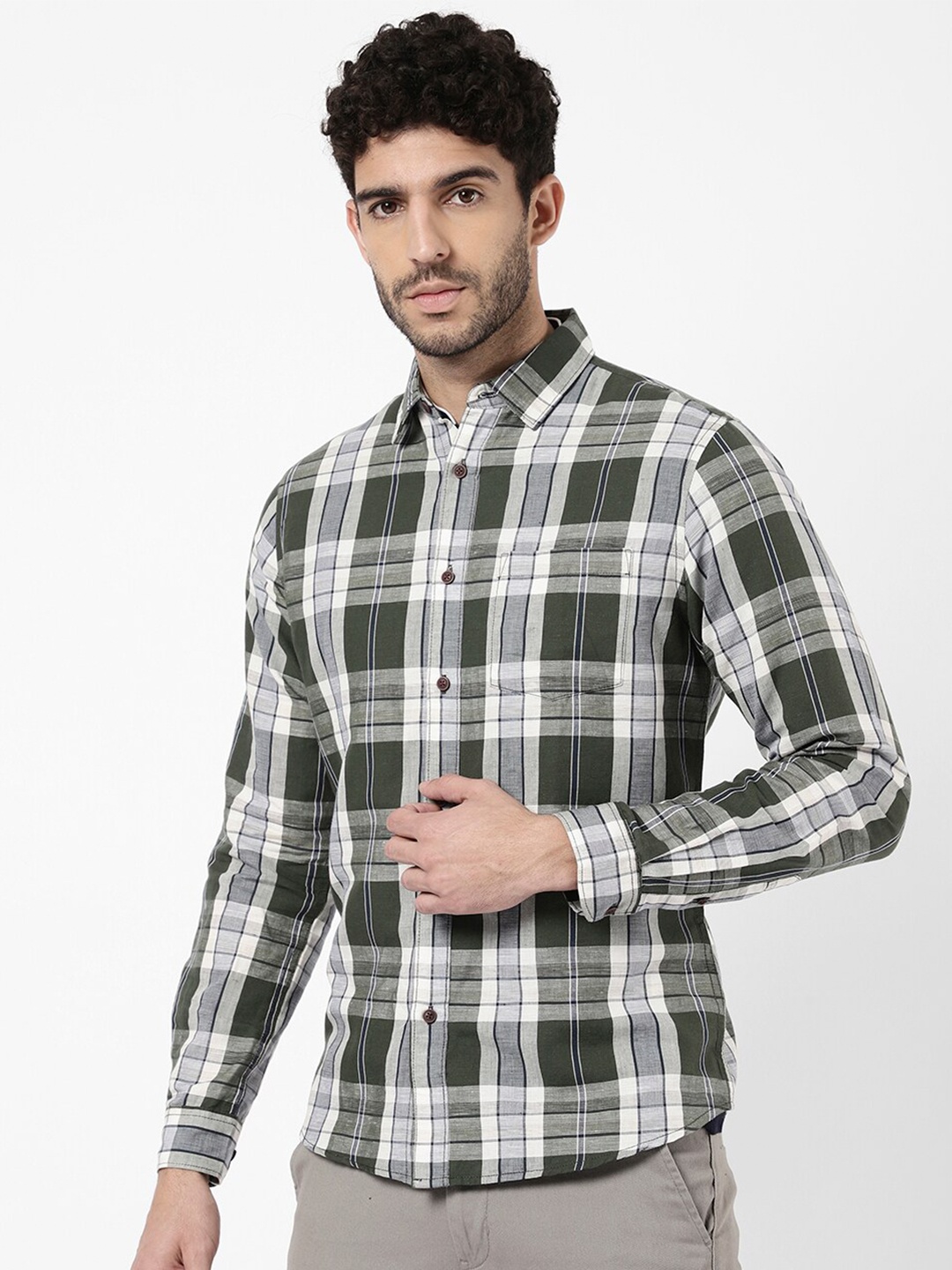 

R&B Men Tartan Checked Casual Shirt, Olive