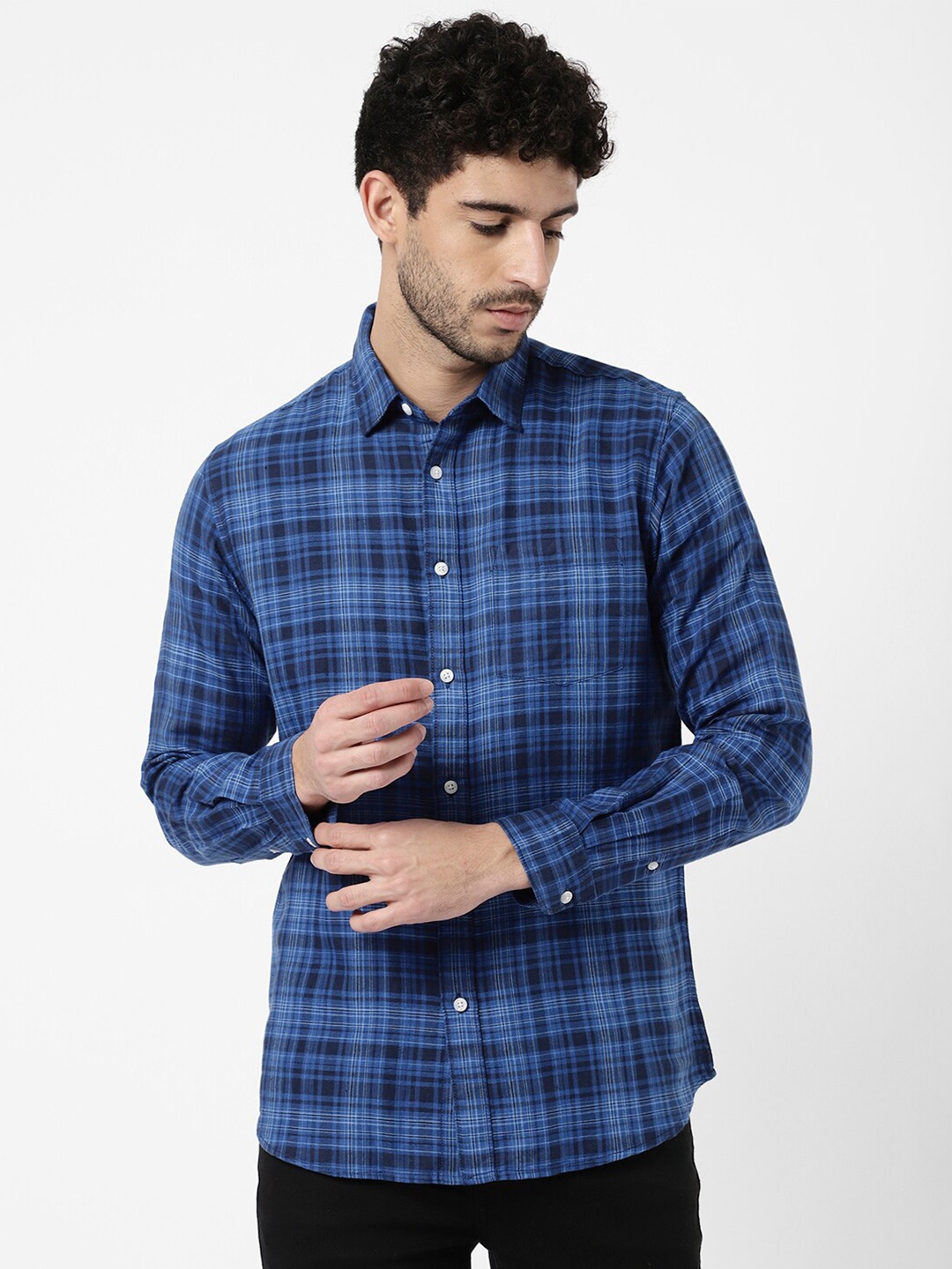 

R&B Men Tartan Checked Casual Shirt, Blue