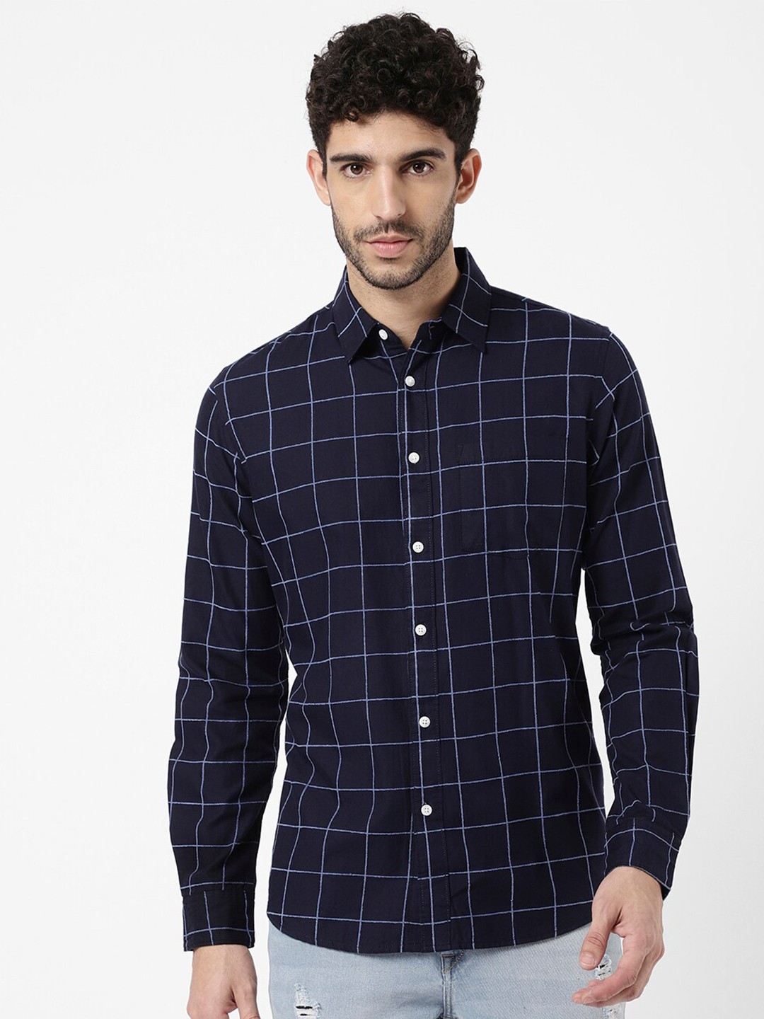 

R&B Men Windowpane Checked Casual Shirt, Blue