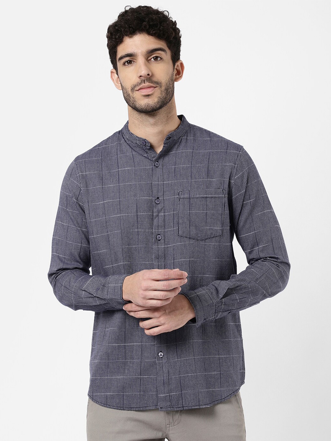 

R&B Men Micro Checked Casual Shirt, Blue
