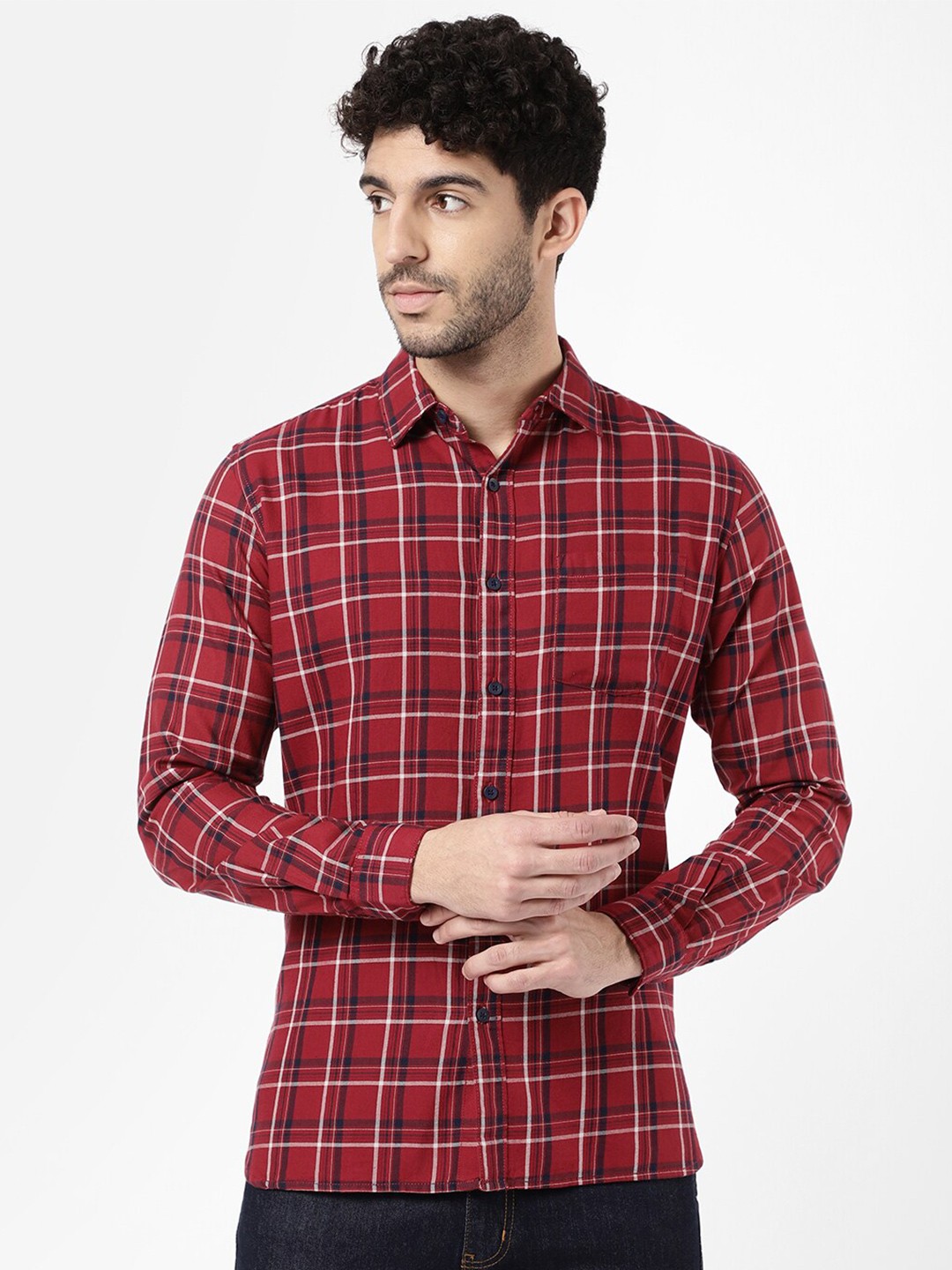 

R&B Men Tartan Checked Casual Shirt, Red