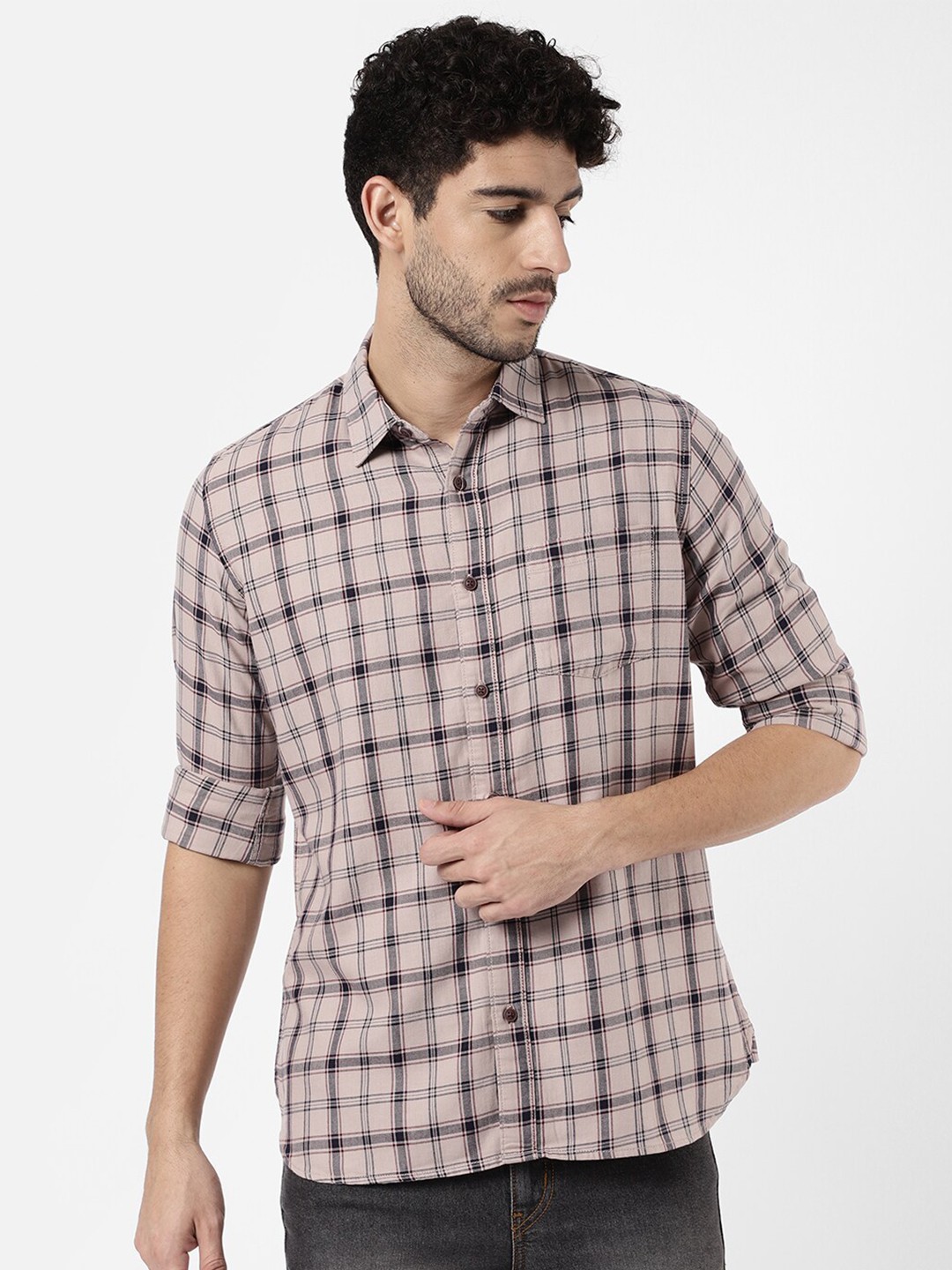 

R&B Men Tartan Checked Casual Shirt, Beige