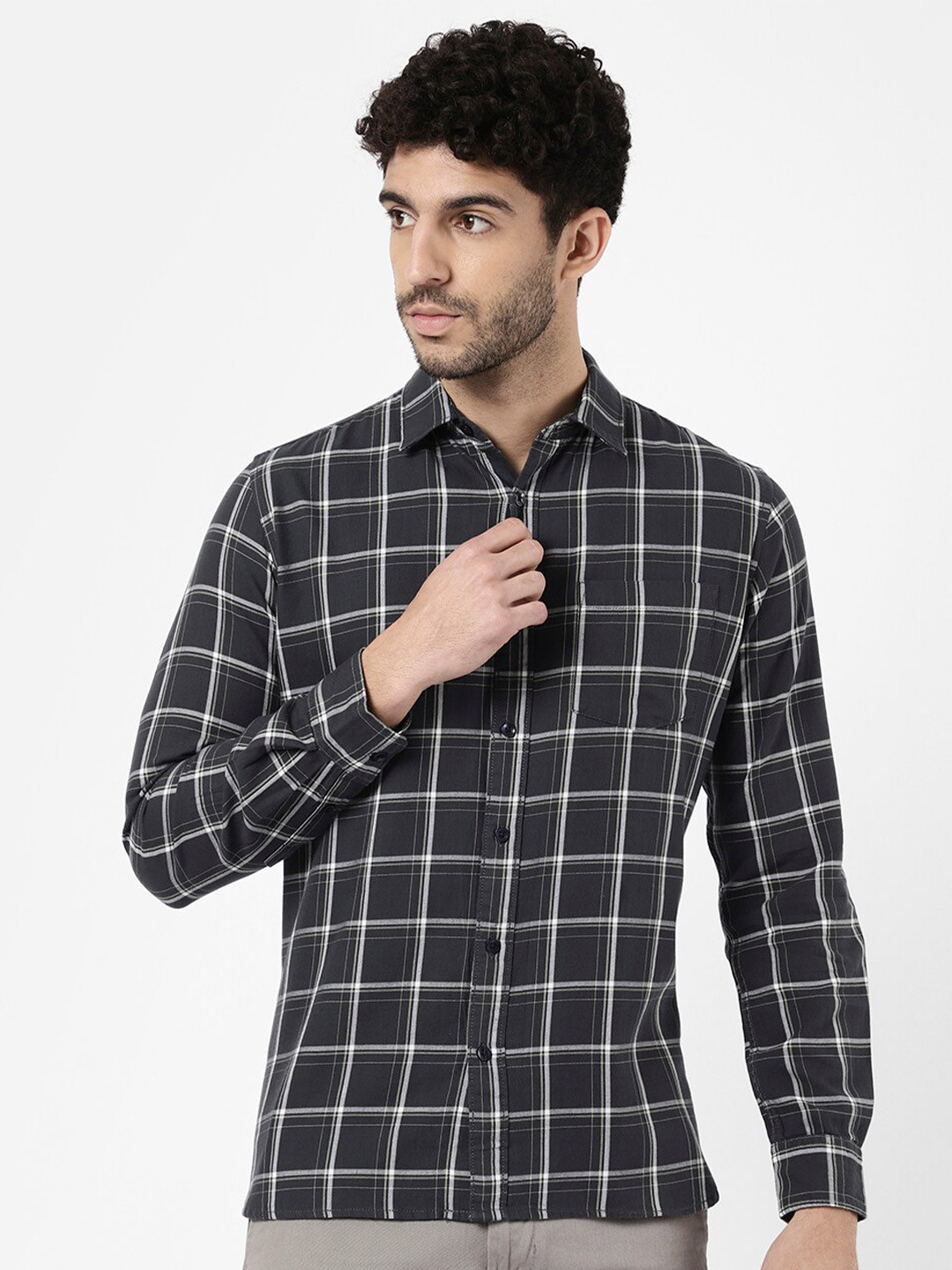

R&B Men Windowpane Checked Casual Shirt, Green