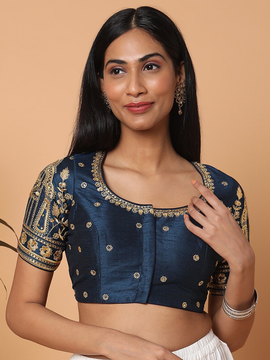 

SALWAR STUDIO Women Navy Blue Embroidered Saree Blouse