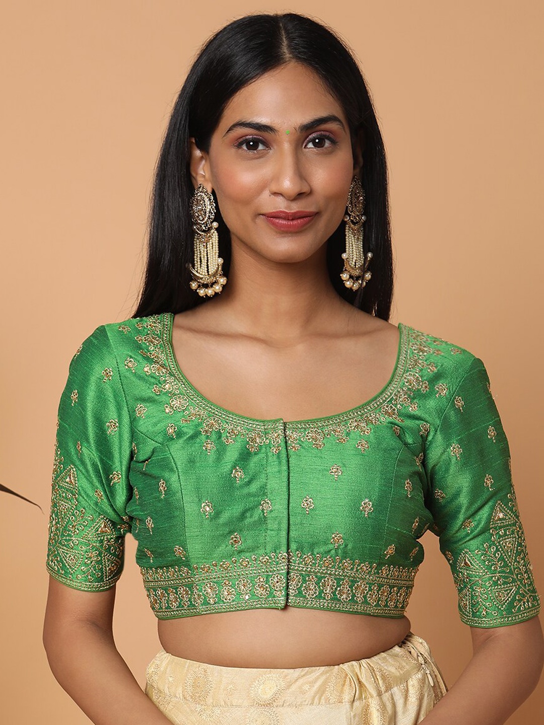 

SALWAR STUDIO Green & Gold-Toned Embroidered Sequinned Silk Blouse