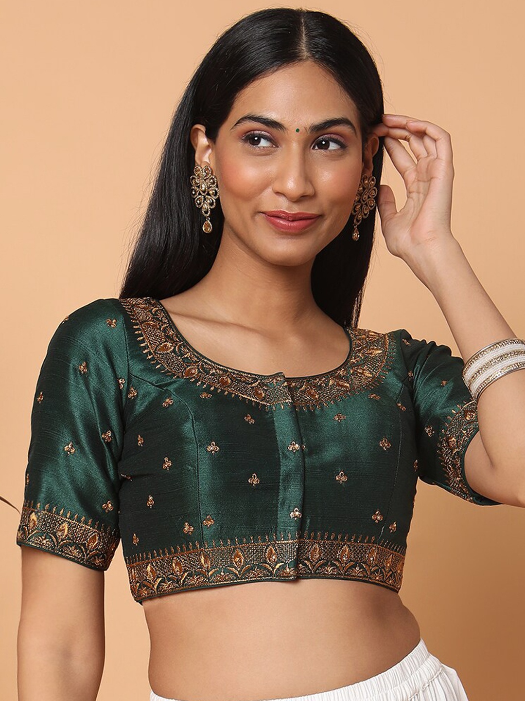 

SALWAR STUDIO Green Embroidered Readymade Saree Blouse