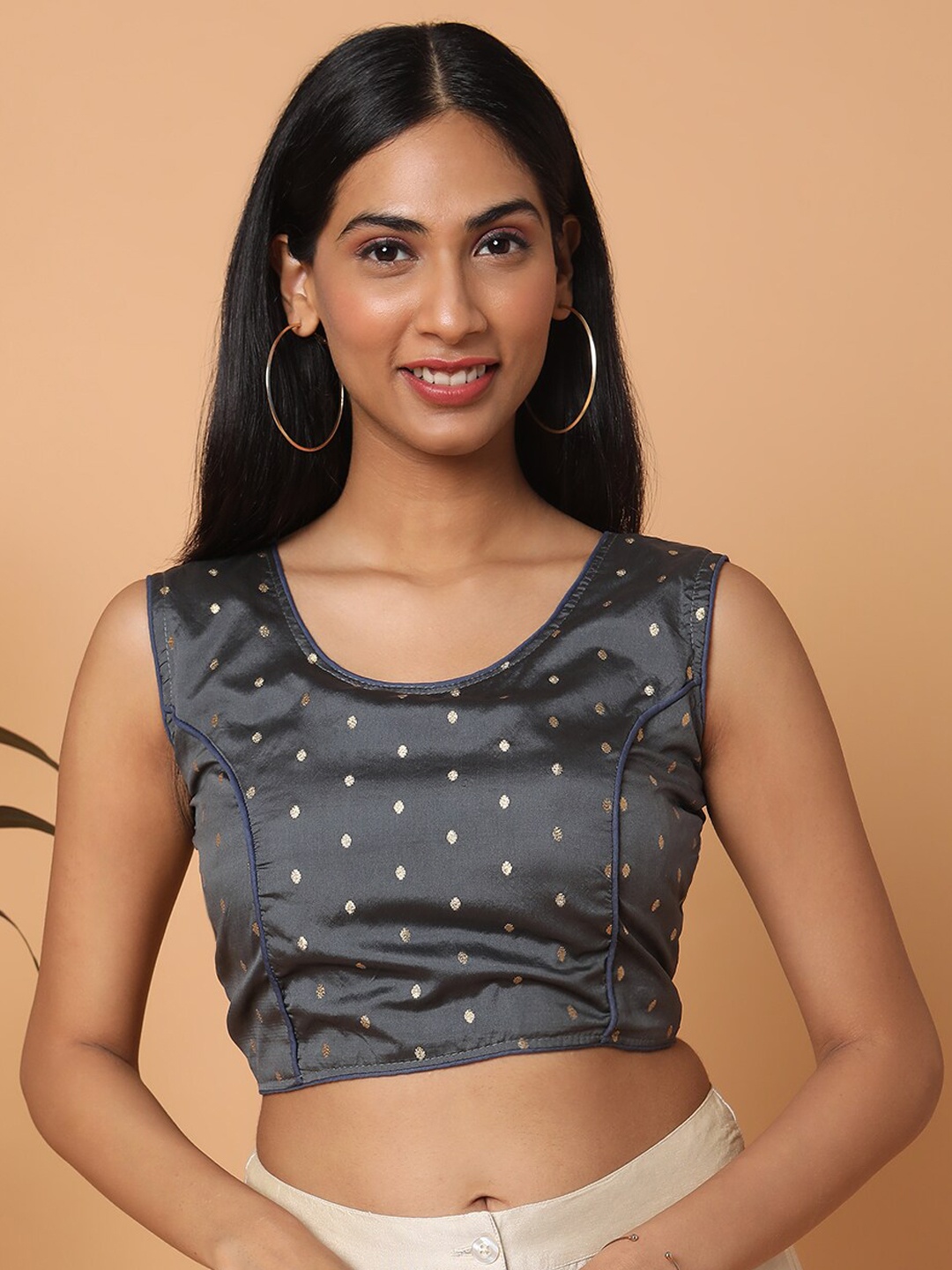 

SALWAR STUDIO Grey & Gold-Toned Woven Design Satin Blouse