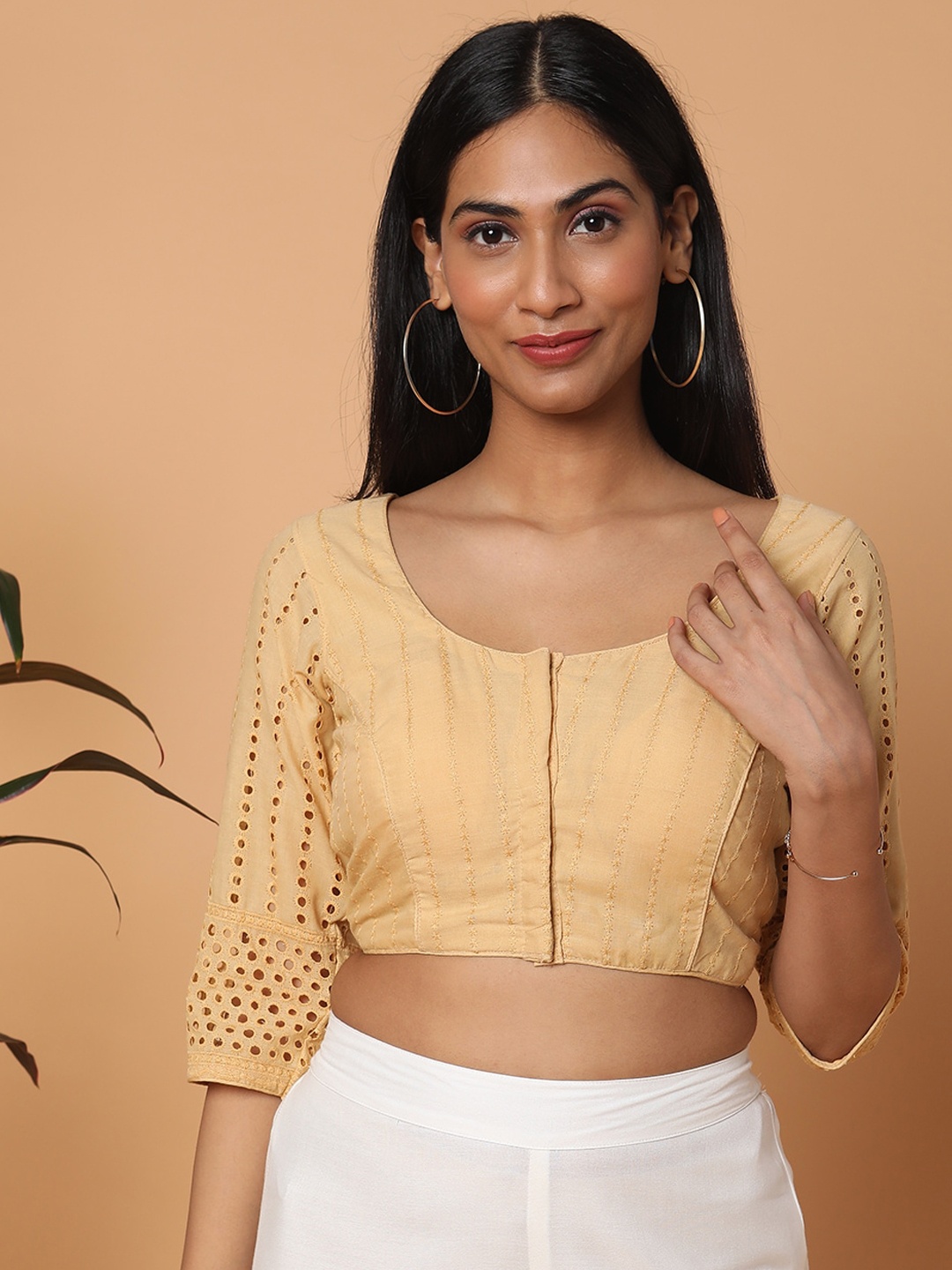 

SALWAR STUDIO Beige Cotton Embroidered Saree Blouse