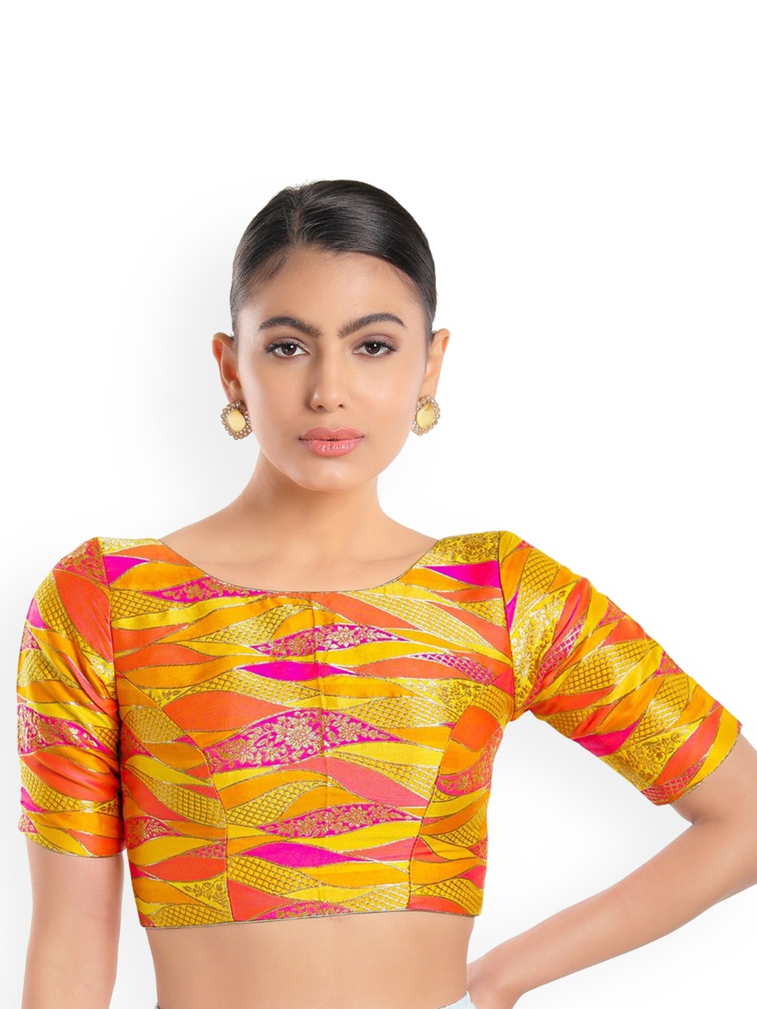 

SALWAR STUDIO Women Yellow & Pink Woven Design Brocade Readymade Saree Blouse