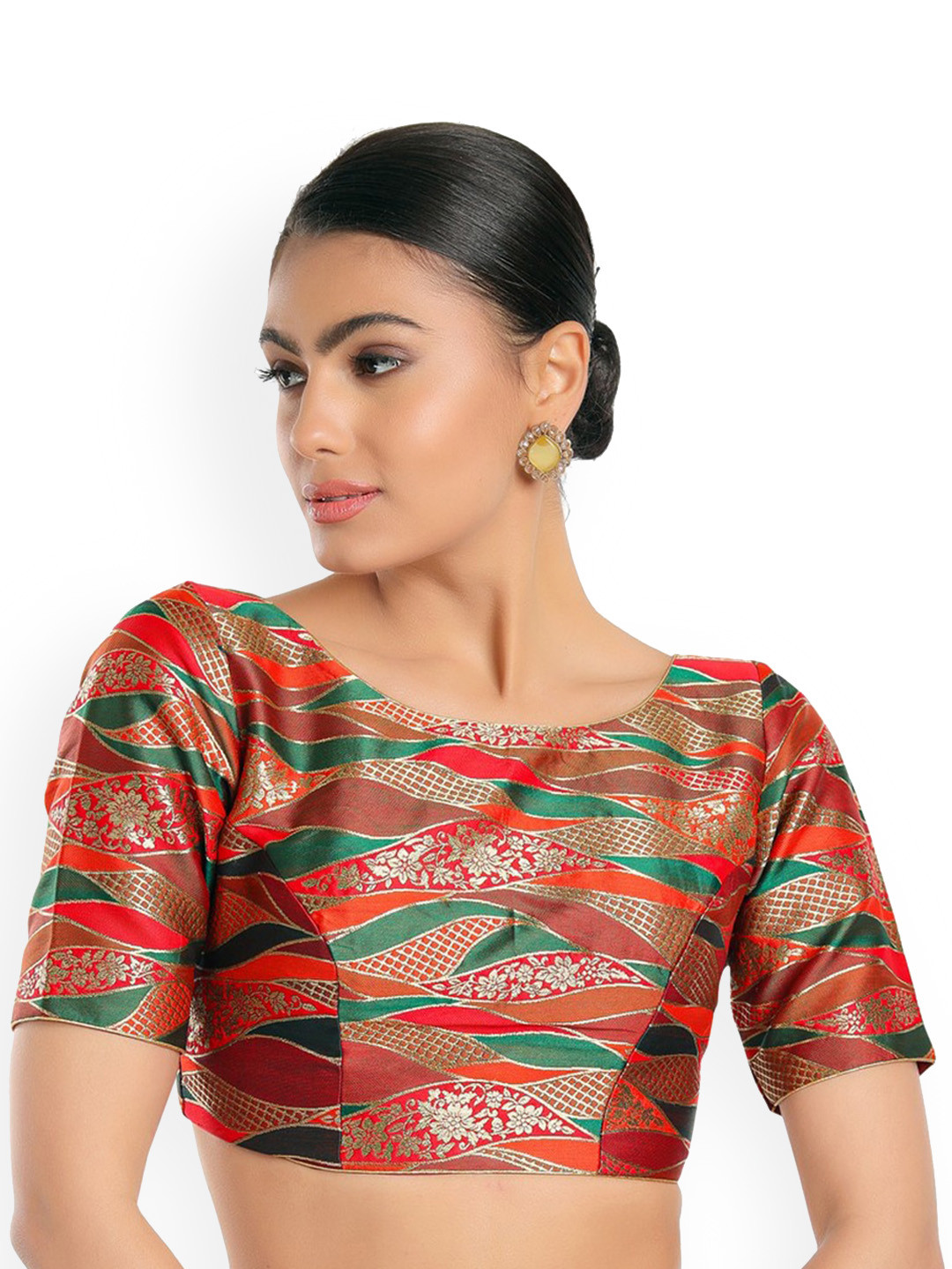 

SALWAR STUDIO Women Red & Green Woven Design Brocade Readymade Saree Blouse