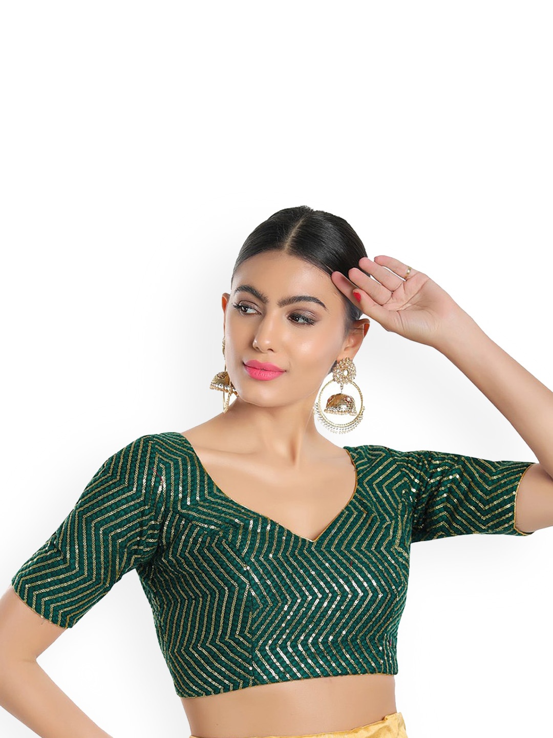 

SALWAR STUDIO Women Green & Gold Embellished Readymade Silk Saree Blouse Blouse