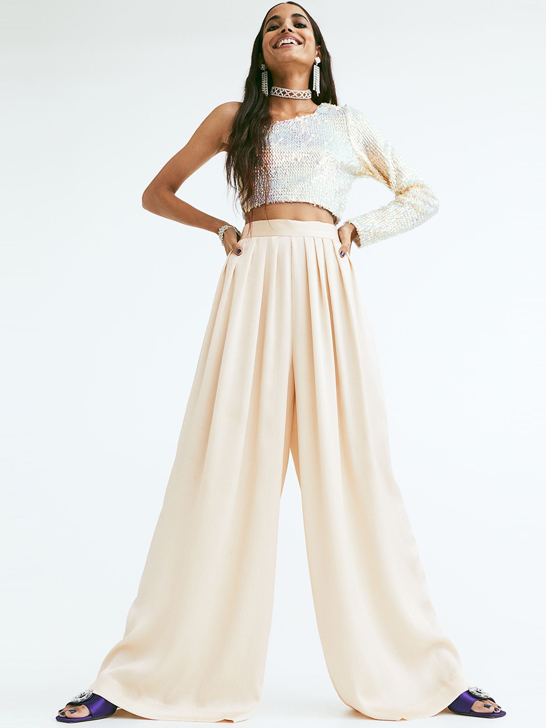 

H&M Women Beige Flared High-Rise Trousers
