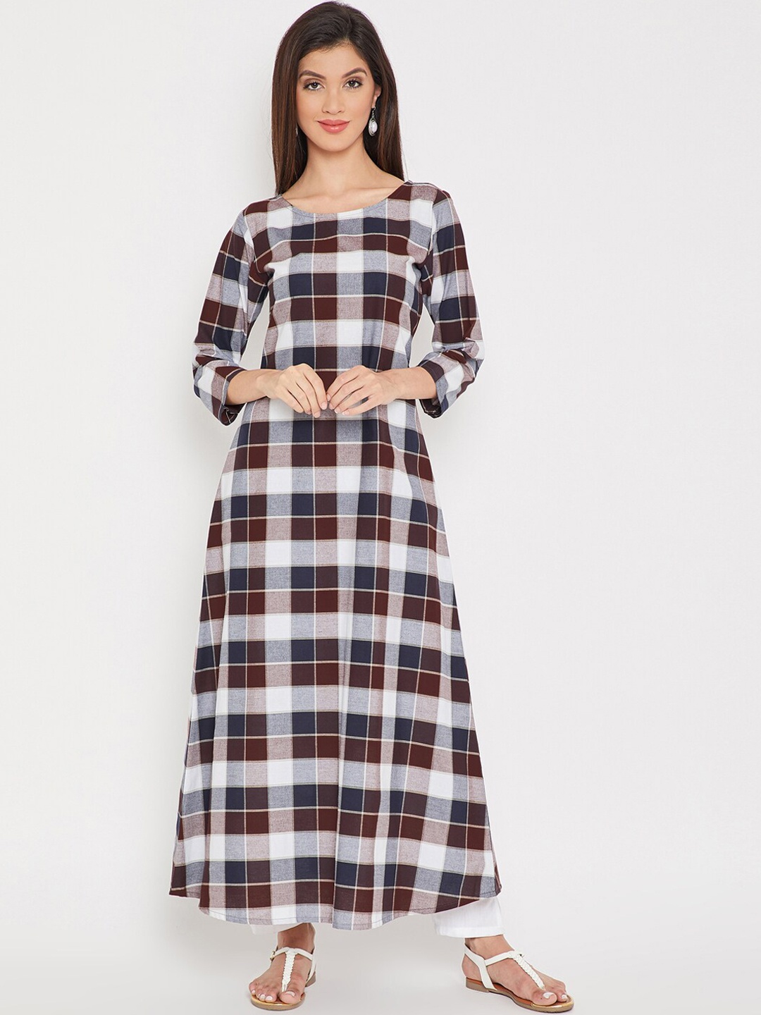 

AgrohA Women Brown Checked Kurta