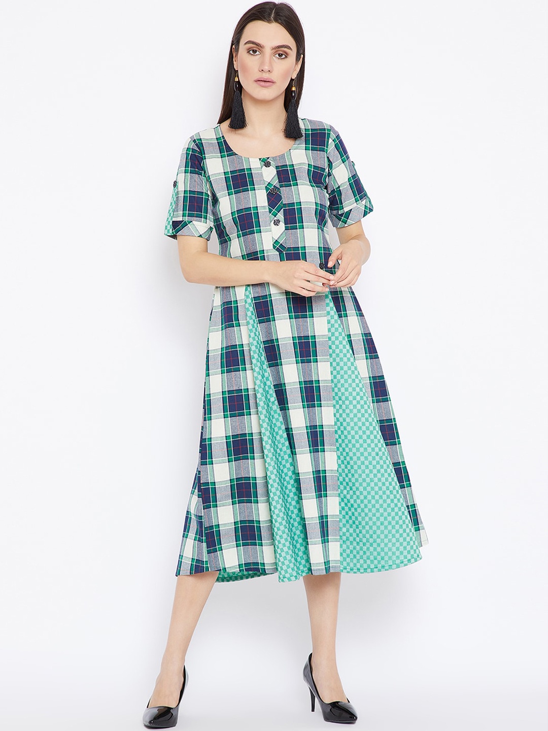 

AgrohA Women Green & Blue Checked Kurta