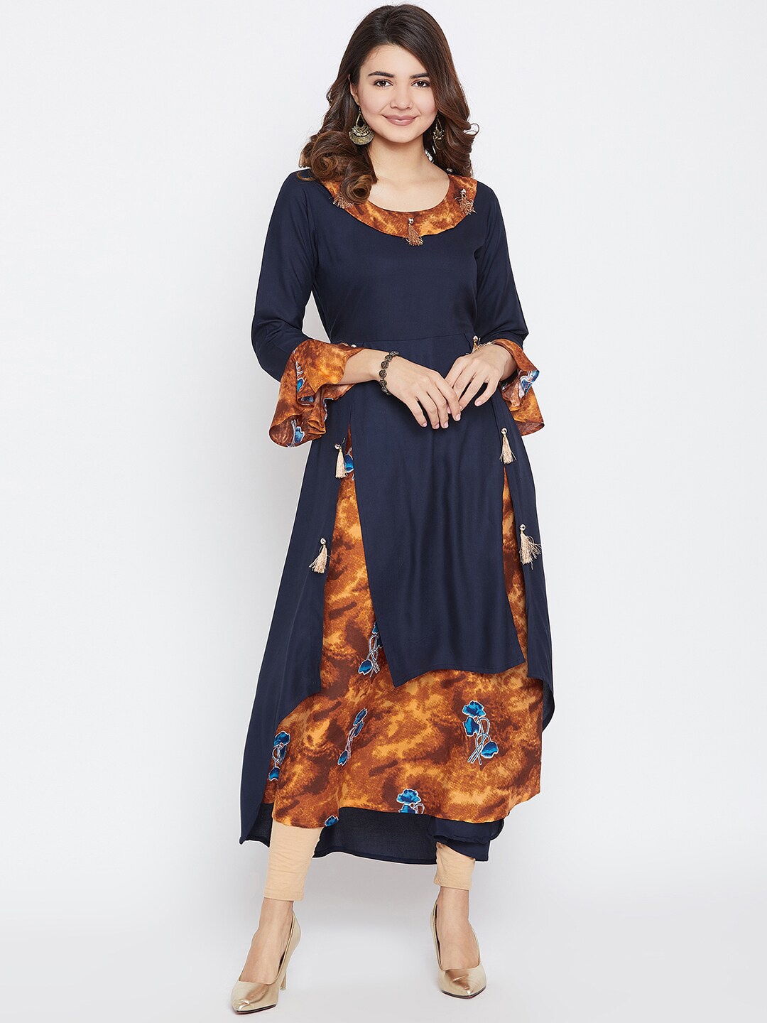

AgrohA Women Navy Blue & Mustard Yellow Dyed Bell Sleeves Patchwork Anarkali Kurta