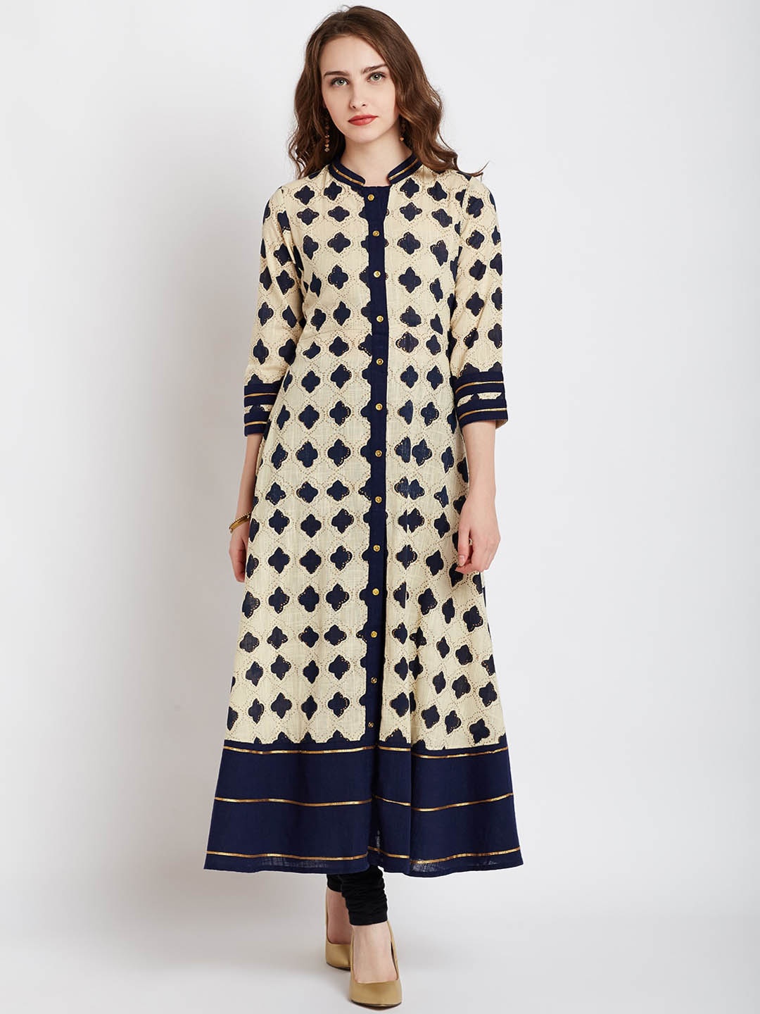 

AgrohA Women Cream-Coloured & Navy Blue Ethnic Motifs Printed Anarkali Cotton Kurta