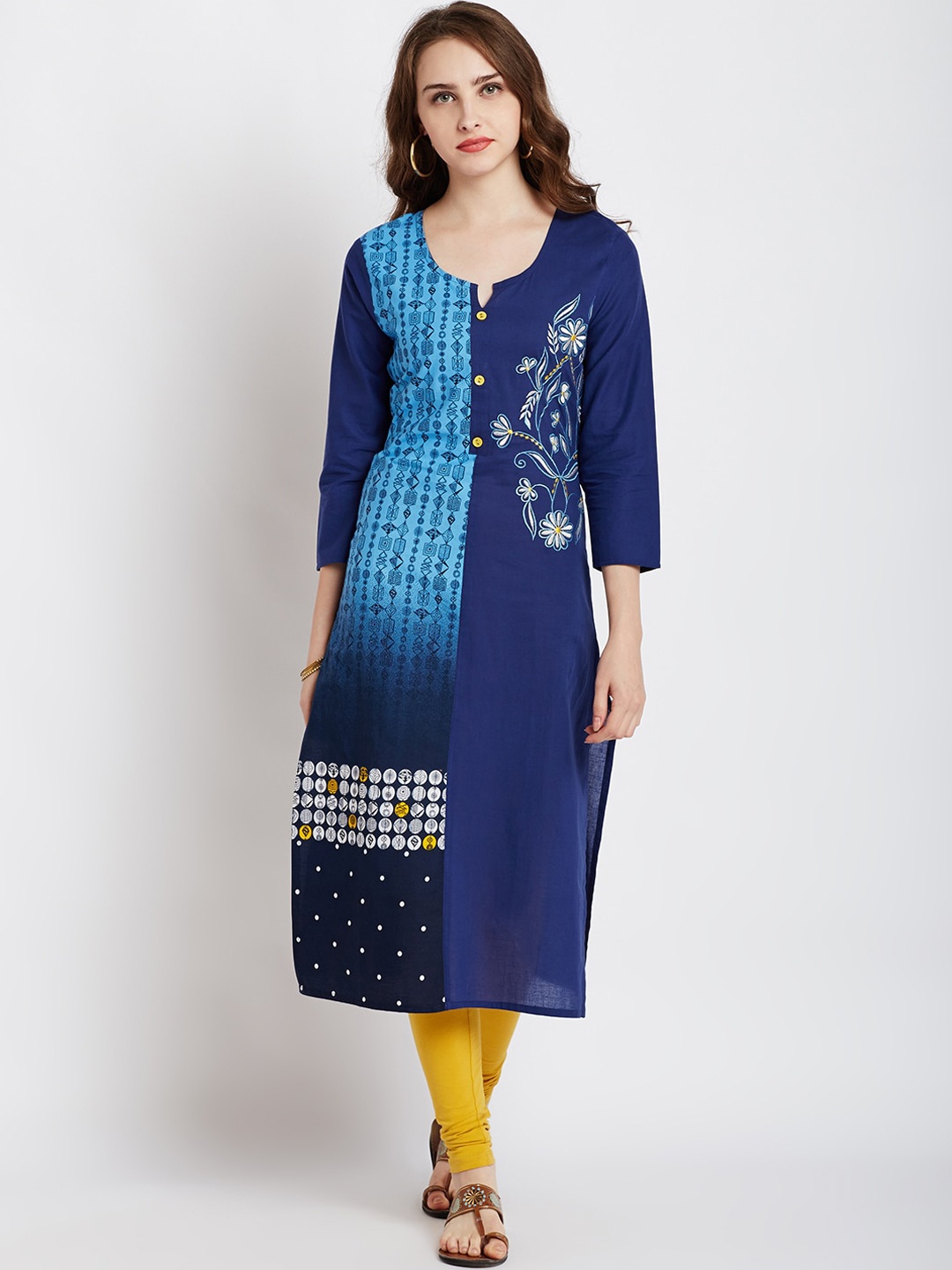 

AgrohA Women Blue & Navy Blue Floral Embroidered Thread Work Cotton Kurta