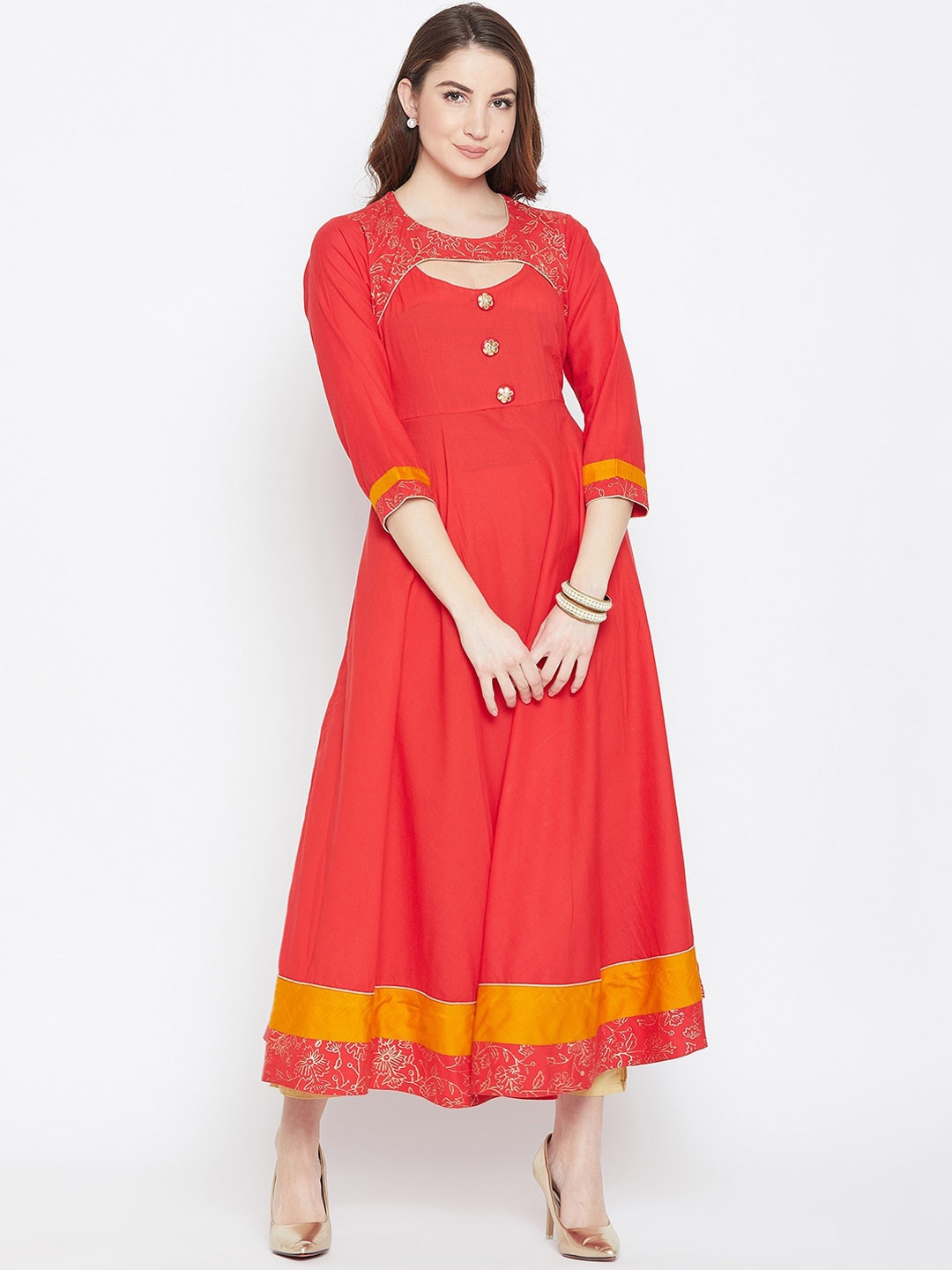 

AgrohA Women Red & Yellow Keyhole Neck Anarkali Cotton Kurta