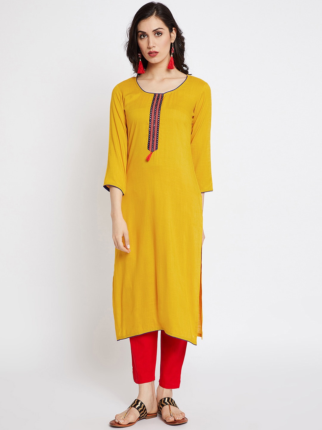 

AgrohA Women Yellow & Navy Blue Embellished Kurta